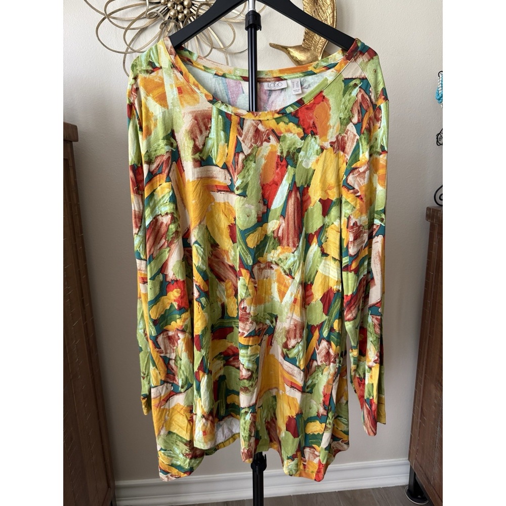 LOGO Lori Goldstein Bambi Tunic Top 3X Multicolor Abstract Print Sharkbite Hem